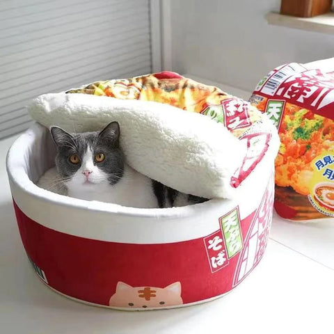 red cat ramen bed made by meowgicians
