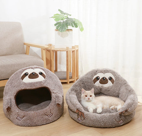 funny sloth design enclosed cat bed in brown