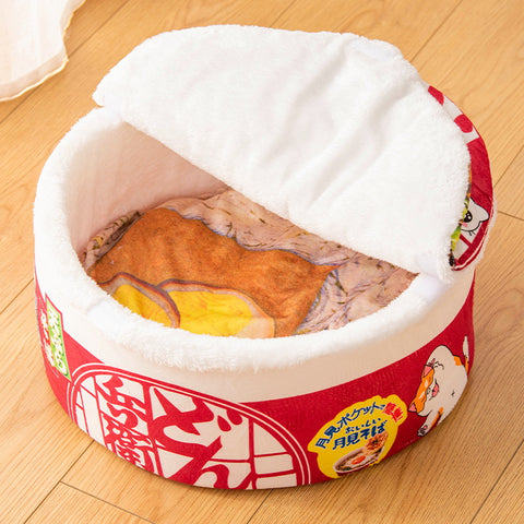 semi enclosed cat ramen bed with a funny instant noodle look
