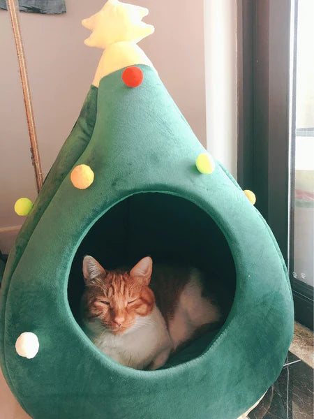 cat inside enclosed cat bed christmas tree