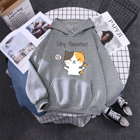 light gray color hoodie for cat lovers spreading happy vibe and quote stay pawsitive on it