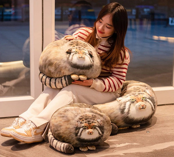 a lady holding three cute and chubby fat cat plush