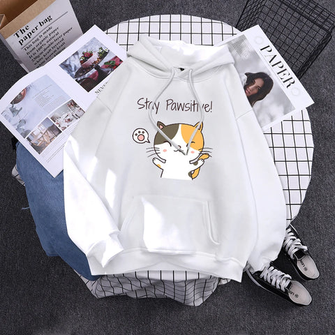 cartoon cat theme hoodie as gifts for cat mom with motivational quote - stay paswitive