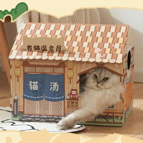 hot spring house japanese style cardboard cat bed