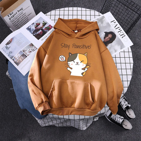 khaki color hoodie printed with motivational quote and a cat and stated stay pawsitive