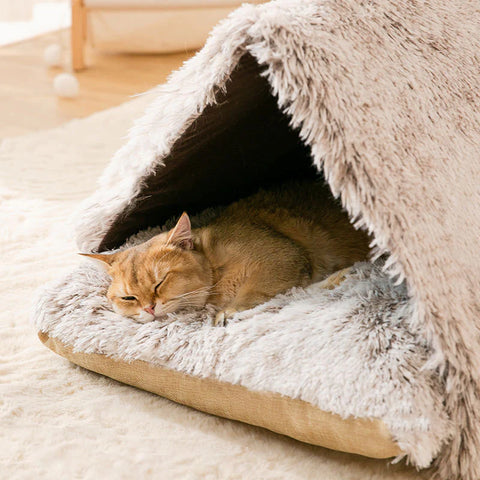 cat teepee bed made with fluffy and soft material