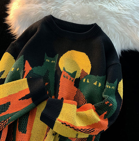 close up of a black color cat print sweatshirt with high quality material
