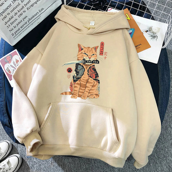 beige color japanese cat hoodie printed with a gangster cute cat with aggressive tatoo