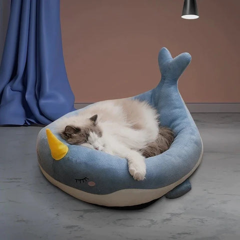 blue color large calming cat bed in whale shape