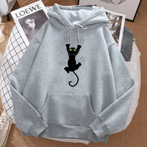 light gray color cat hoodie printed with a cartoon cat with big tattoo that looks like a cute yakuza