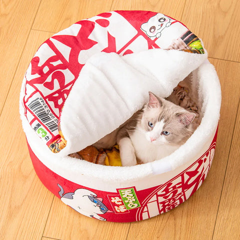 super adorable ramen cat bed that makes your cat looks like instant noodle