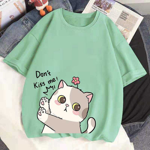 a mint green color cartoon cat don't kiss me t shirt with adorable design