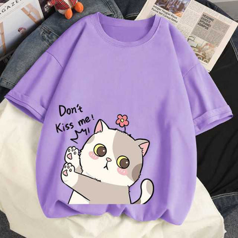 purple color cartoon cat t shirt printed with a cute calico cat and quote don't kiss me