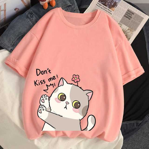 peach color cat woman t shirt with dont kiss me words