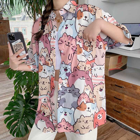 cat mom shirt with cartoon cat prints