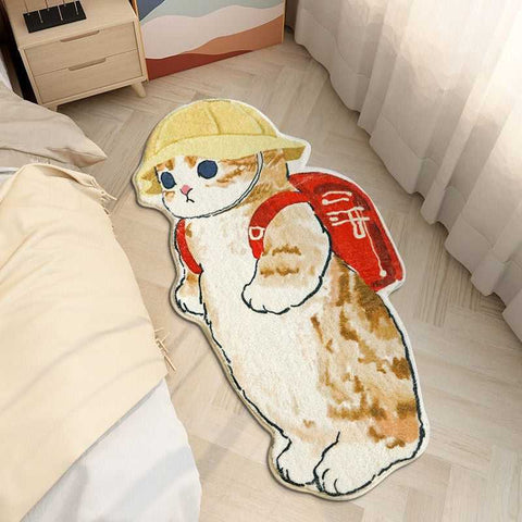 adorable cat rugs for bedrooms in cartoon student cat wearing a backpack and helmet