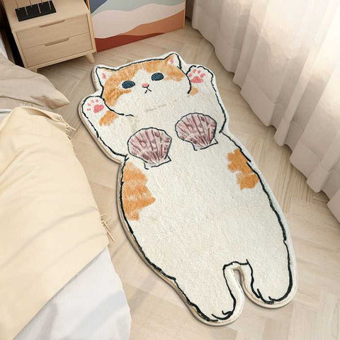 cartoon design flat cat rug that feature a cat in shell bra