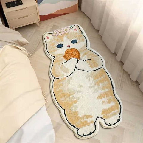 adorable flat cat rug with cartoon cat eating taiyaki