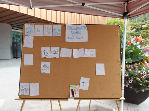 Collaborative comic jam displayed on a bulletin board