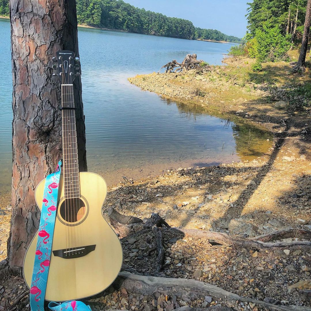 Orangewood Dana Spruce acoustic guitar with a graphic flamingo guitar strap, pictured in front of a lake.