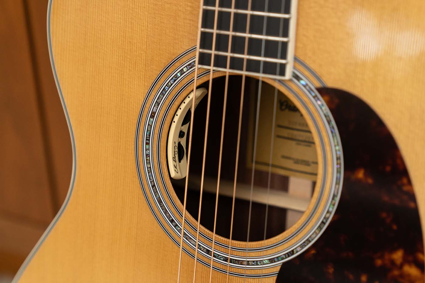 Closeup shot of lr baggs anthem pickup in a guitar soundhole