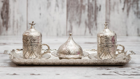 Side View of Silver Plated Brass Metal Turkish Coffee Set