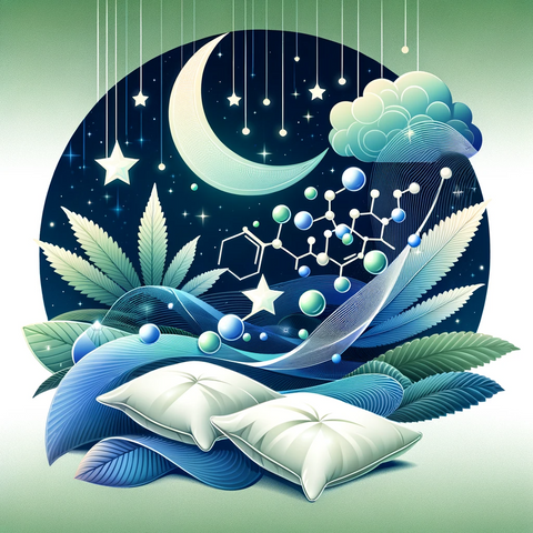 Erba legale aiuta con il sonno? cuscini stelle luna e altri elementi decorano questa immagine sul CBD