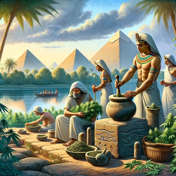 rappresentazione storica egizi che preparano medicamenti a base di marijuana in riva al nilo
