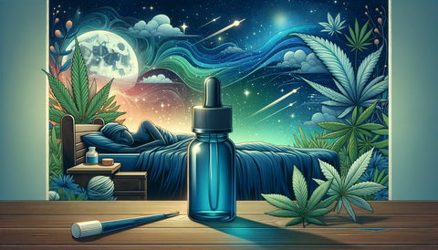 una donna dorme serena nell universo dei sogni, in primo piano olio di CBD e foglionine di marijuana