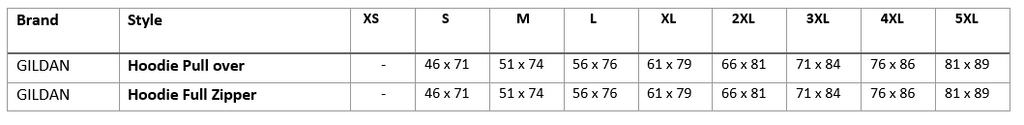 size table - Hoodies