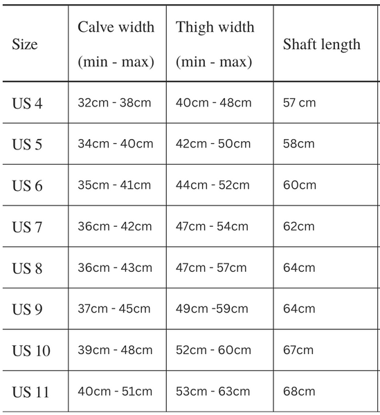 Sizing chart for sky high heels