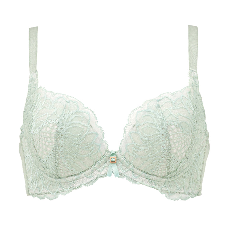 Pale Green 36B Push Up Bra With Floral Lace Cups, Shiny Straps & Bow