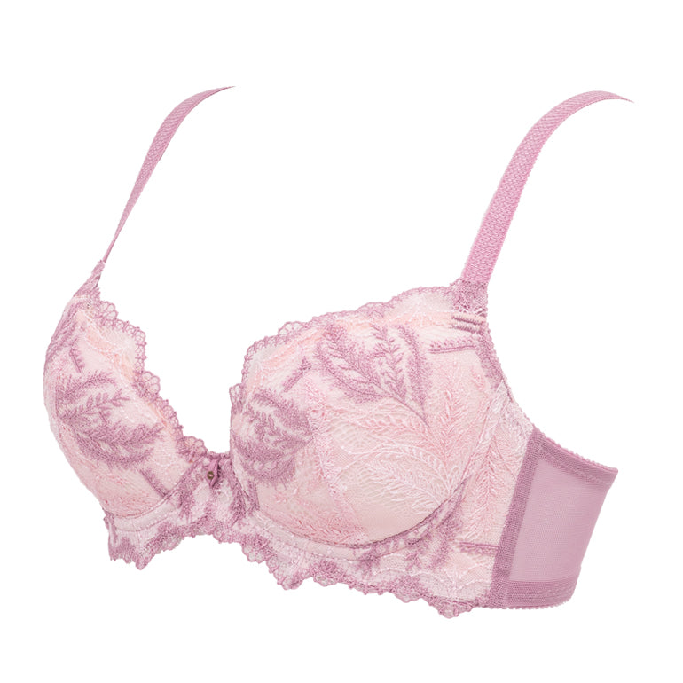 Pink lace on Cream underwire push-up Bra- satin bow detail - Size 30C  France