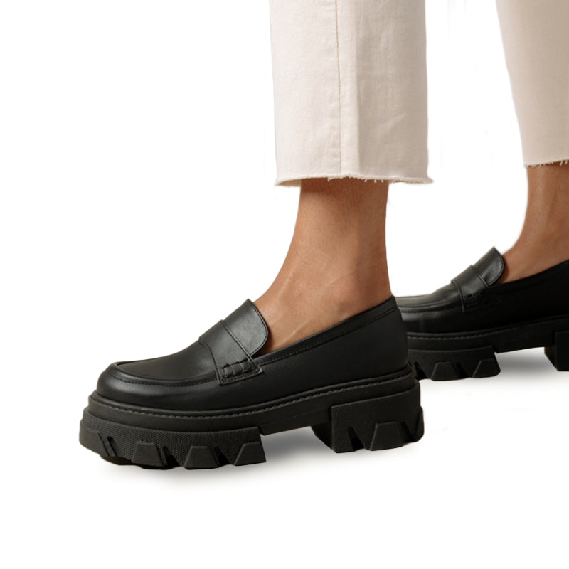 Black vegan leather chunky loafers by Alohas | Oscea