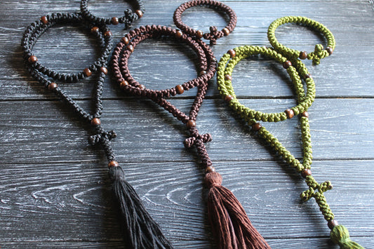 100 knots black prayer rope with dark brown wooden beads Orthodox Christian  gift
