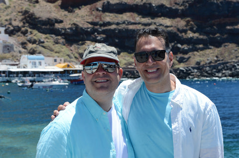 Michael Perris and Gregory Cole, founders of the niche fragrance brand The Bubble Collection at Ammoudi Bay in Santorini