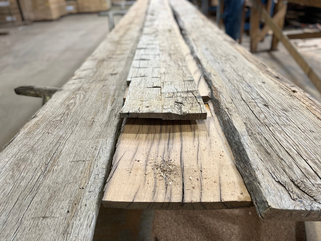 Reclaimed barn wood beam skins for wood box beams