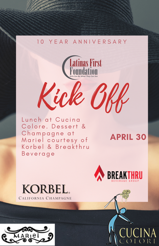 Lady with hat promoting kick off luncheon at cucina colore April 30. Dessert and champage following at Mariel courtesy of Korbel and Breakthru beverage. Mariel will donate 20% of sales that afternoon. space limited.