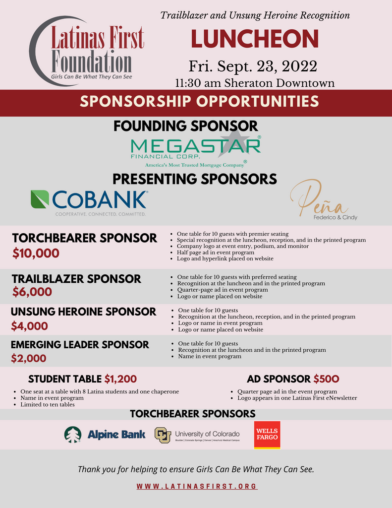 Sponsor logos and price sheet for sponsorship of the 2022 Latinas First Trailblazer and Unsung Heroine Recognition Luncheon