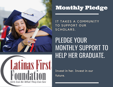 Female Graduate with long brown hair hugging another graduate. Monthly donation link for Latinas First Foundation