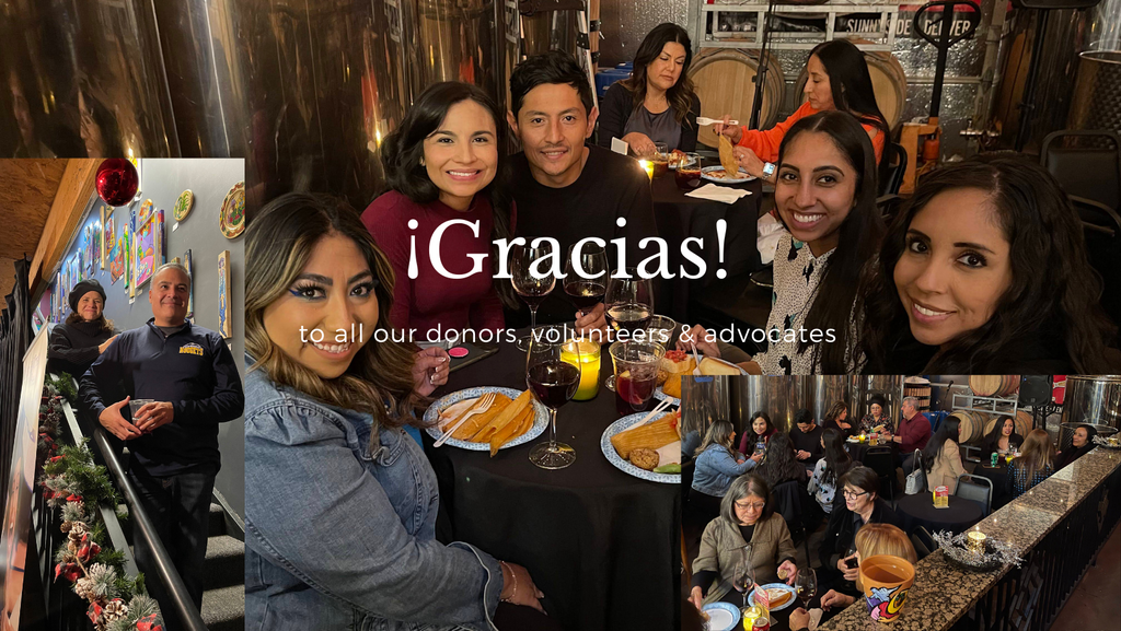 Picture of volunteer appreciation event at Bonacquisti Wine Company. Women smiling and eating food near tanks and barrels.