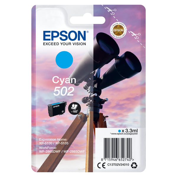 Epson originální ink C13T02V24010, 502, T02V240, cyan, 3.3ml