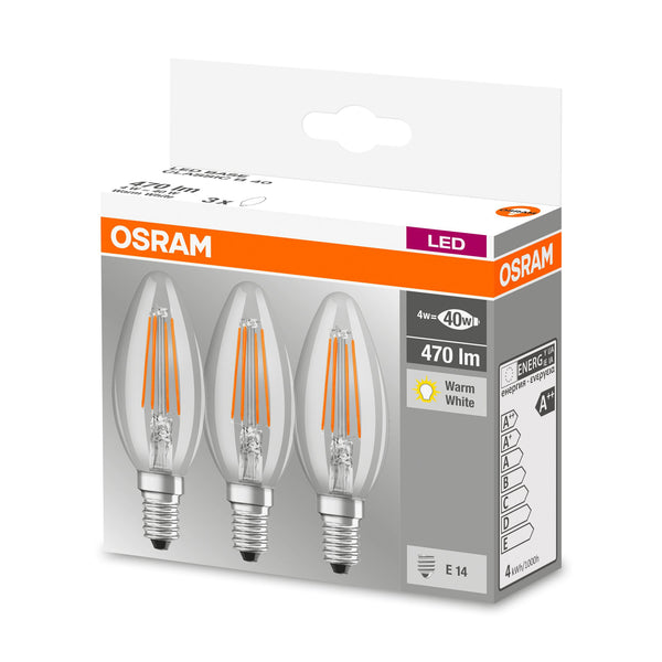 LED žárovka Osram BASE, E14, 4W, svíčka, čirá, teplá bílá, 3ks