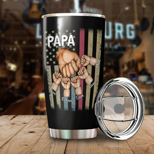 Personalized Tumbler For Grandpa From Grandkids Papa Fist Bump Vintage American Flag Custom Name Travel Cup Xmas Gifts