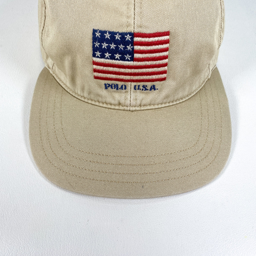Vintage 90's Polo Ralph Lauren USA American Flag Beige Strapback Hat –  CobbleStore Vintage