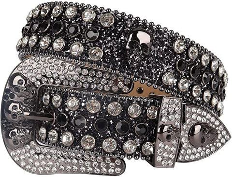 Men’s Rhinestones Glitter Black Leather Belts Skull Buckle W Black and Crystal White Stones