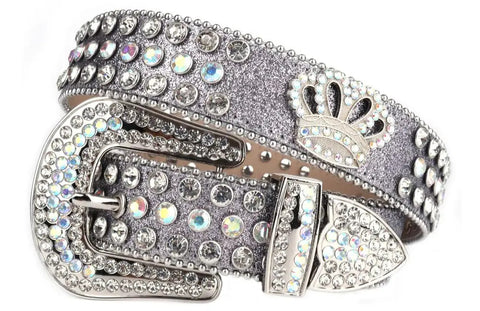 Men’s Small Rhinestones Silver Leather Strap Belts Crystal White and White Multi Stones with Crown