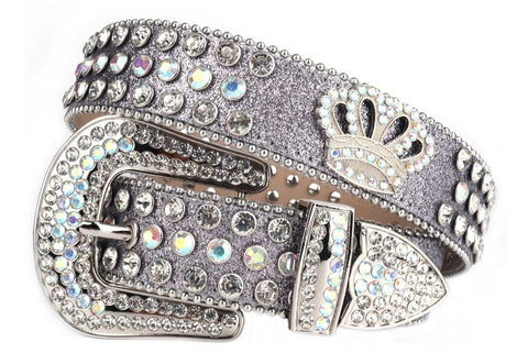 Silver Leather Strap Belts with White Multi Stones and Crown: