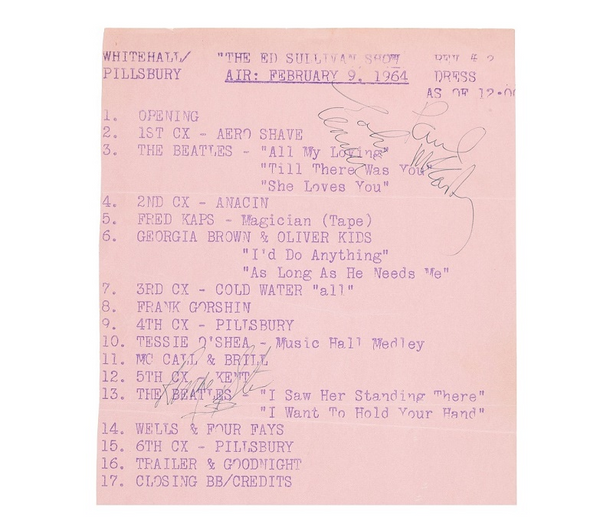 Beatles signed Ed Sullivan Show call sheet sold at Heritage Auctions