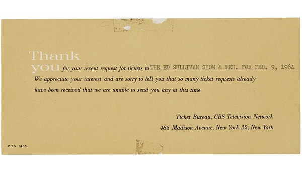 Beatles ed sullivan show ticket rejection slip sold at Heritage Auctions